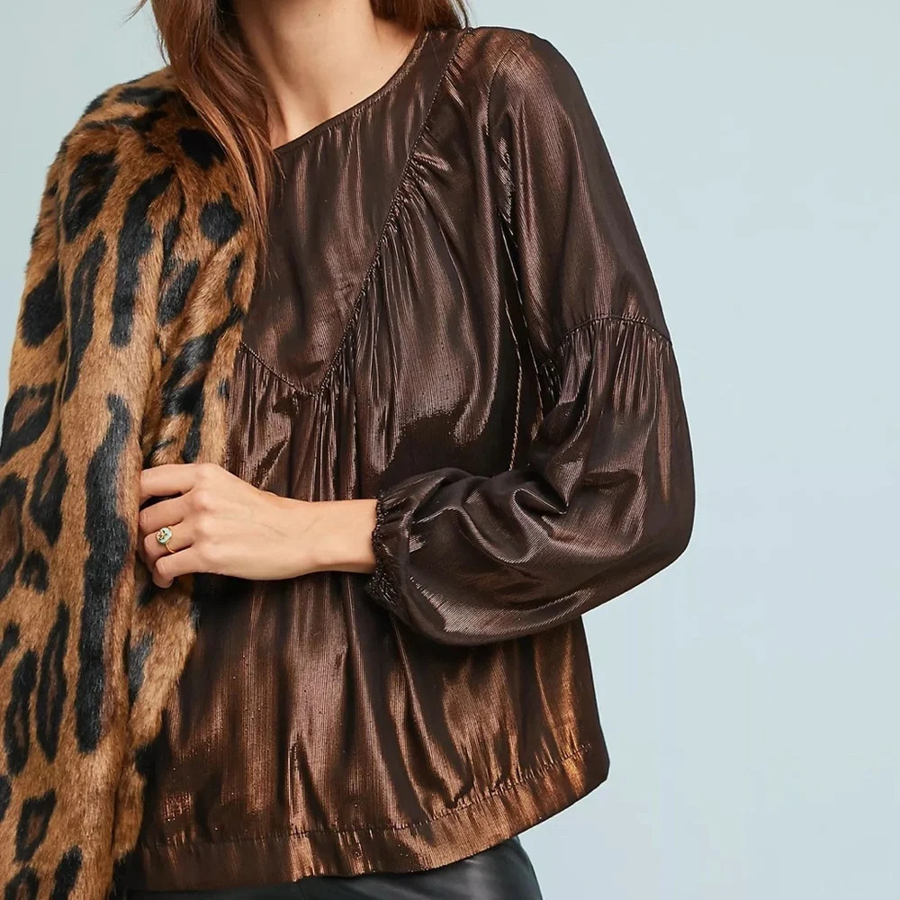 Anthropologie Amadi‎ Merry Metallic Blouse Womens Size XS Bronze Copper Black